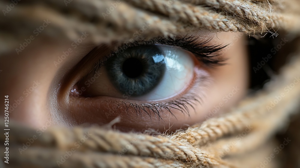 Poster a closeup of a captivating blue eye partially obscured by rope representing confinement and beauty :
