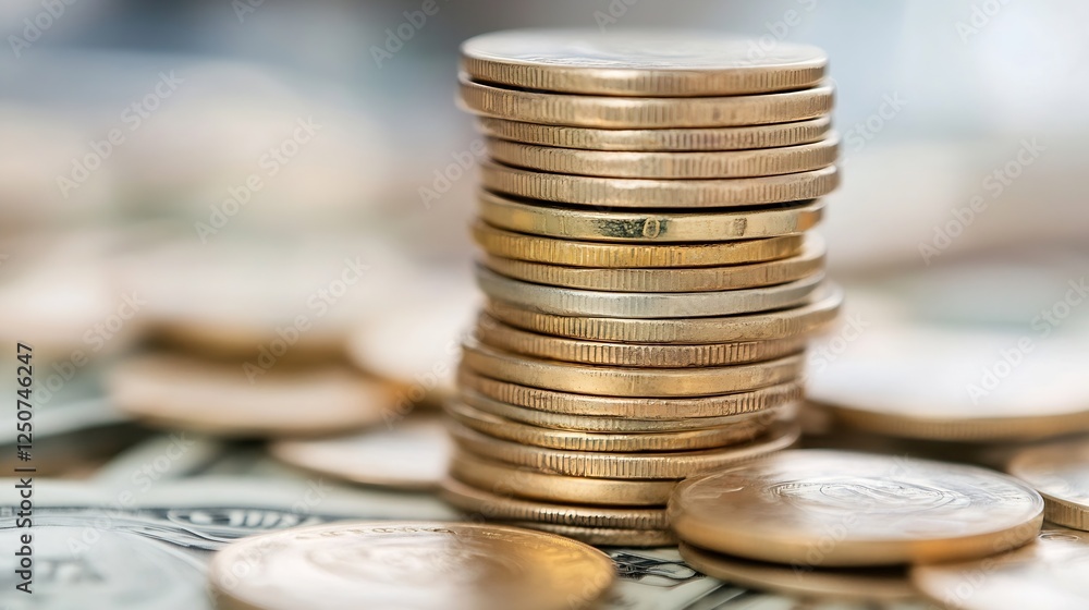 Poster stacked coins on banknotes representing an increase in financial value and savings : generative ai