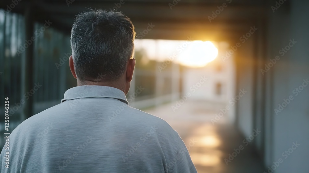 Poster contemplative man looking towards sunset while walking through an empty corridor passage : generativ