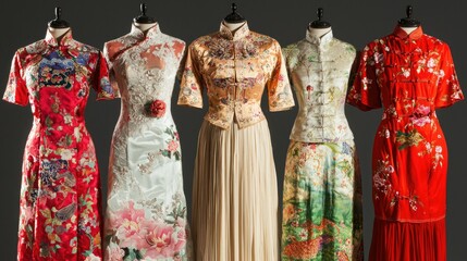 Naklejka premium Elegant Traditional Dresses Displayed on Mannequins in Studio