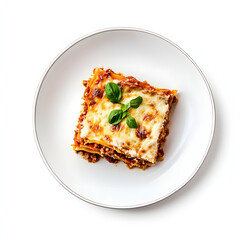 lasagna on a plate with a white background and plenty of space around the dish