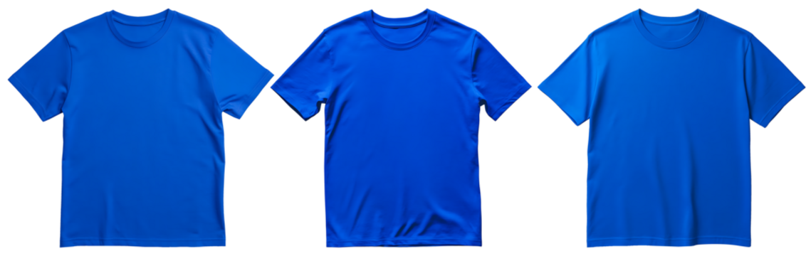 Three royal blue t shirts on a white background
