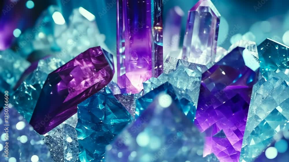 Poster colorful crystals glimmering under soft lighting create a magical display in a close-up view