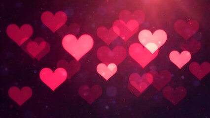 A romantic image of heart-shaped light bokeh, blurred elegantly in pink, red, and white, glowing softly against a dark, moody background