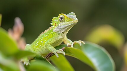 Obraz premium Vibrant Green Lizard Perched on Leaf in Nature Surrounded by Lush Vegetation Showing Wildlife : Generative AI