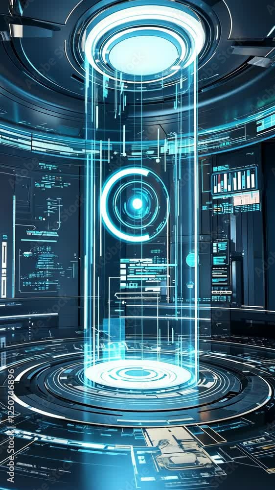 Poster futuristic digital interface features a circular light display in a high-tech environment