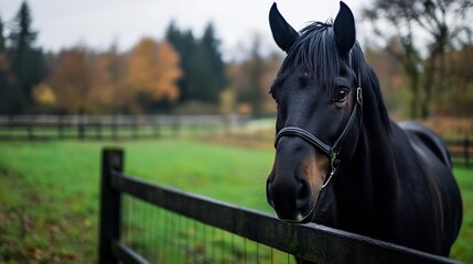 Obraz premium Beautiful Black Horse Looking Through a Wooden Fence in a Scenic Pastoral Setting : Generative AI