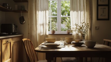 Warm natural light fills a rustic kitchen dining area with simple table setting featuring neutral dishes and decor