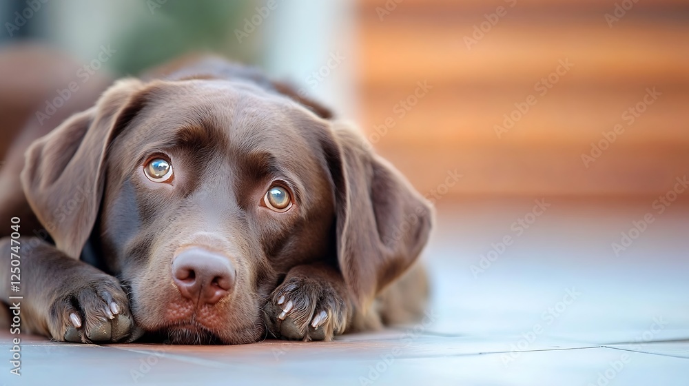 Poster loyal and adorable brown labrador retriever dog lying on the floor with a sad expression in a warm h