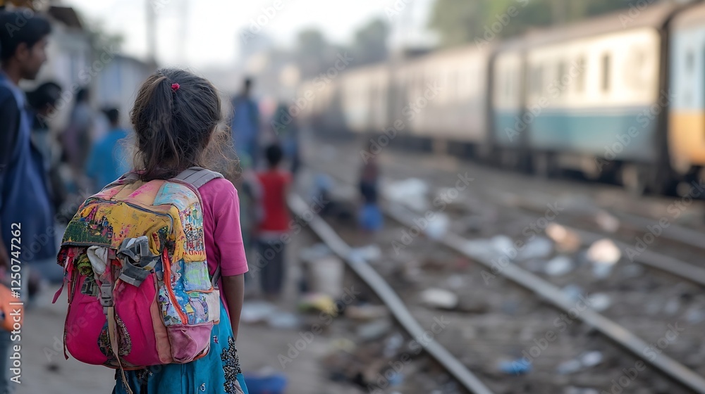 Poster a young girl with a colorful backpack waiting at a busy railway station surrounded by commuters and 