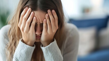Stressed Young Woman Covering Face with Hands Showing Signs of Anxiety and Distress : Generative AI