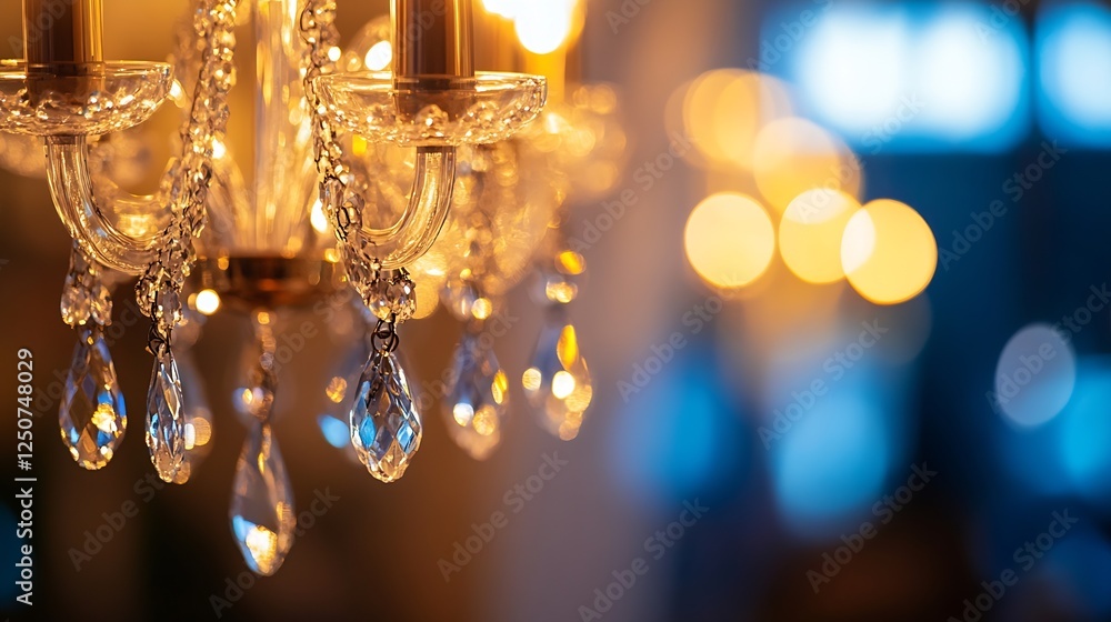 Aufkleber Glimmering crystal chandelier with warm bokeh lights creating an elegant ambiance in a luxurious setting : Generative AI