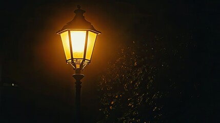 A solitary street lamp emitting a cozy golden glow, illuminating the calm darkness of a clear night.