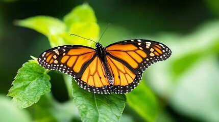Beautiful closeup of a monarch butterfly perched on vibrant green leaves in nature : Generative AI