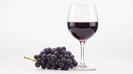 A sophisticated glass of red wine with a cluster of grapes beside it, elegantly placed on a clean white background.