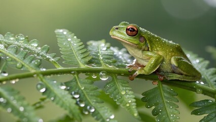 Obraz premium Green Tree Frog on Fern: A vibrant green tree frog perches delicately on a fern frond, glistening with morning dew. The image captures the amphibian's captivating gaze and the lush.