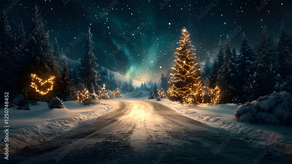 Poster enchanting winter wonderland scene with a snow covered landscape a glimmering christmas tree adorned