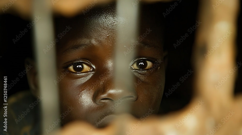 Poster a young boy gazing through rusty bars with fear and curiosity reflecting innocence and desire for fr