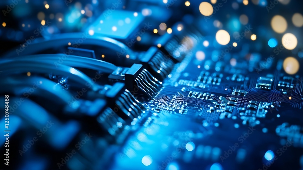 Aufkleber Closeup of circuit board with blue light cables showcasing advanced technology connections : Generative AI