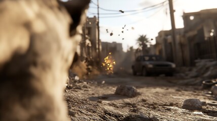 A close view of a street in a city with debris and a moving vehicle in the distance during golden hour light : Generative AI