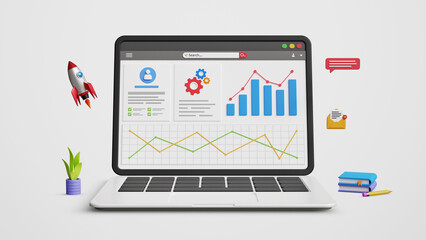 Data management system, data analytics, KPI graph dashboard on a laptop. Financial stats, business operations and sales data, analyze performance and insight reports. 3D illustration