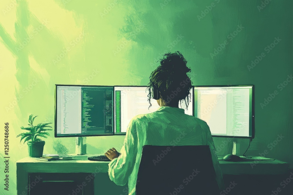 Aufkleber a female programmer sits at her desk, engrossed in coding on three monitors in a dimly lit room.