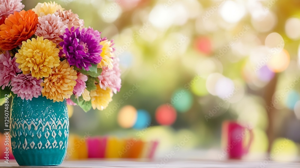 Poster vibrant and colorful flower arrangement in a decorative vase set against a soft bokeh background : g
