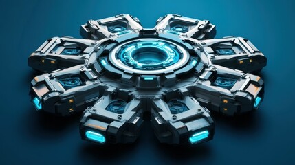 Futuristic technological device, circular, glowing blue, intricate design.