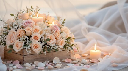 A delicate bouquet of pastel roses (peach, pink, ivory) in a wooden box, with lit candles flickering in the evening breeze. The scene is decorated with seashells, scattered rose petals, and a sheer