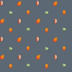 Seamless pattern with autumn leaves on a gray-blue background. Leaves are made in watercolor technique