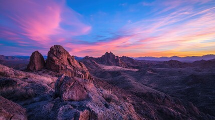 Fototapeta premium A stunning desert view with rugged rocks glowing under the last light of a colorful pink and blue sky.