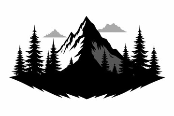 Mountain and Pine Trees Black Silhouette on White - Vector Illustration