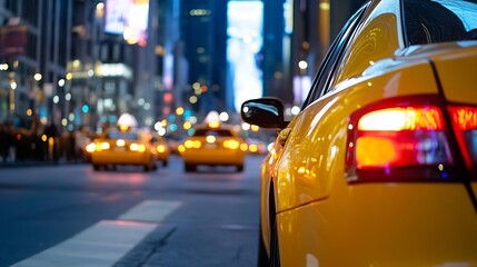 Vibrant yellow taxi cabs navigating through the bustling streets of a lively city at night : Generative AI