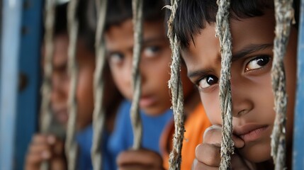 Concerned children peering through the bars in a closeup shot emphasizing their emotions : Generative AI