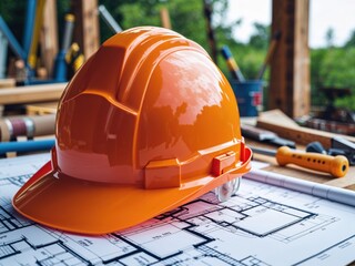 Orange hard hat on architectural blueprints