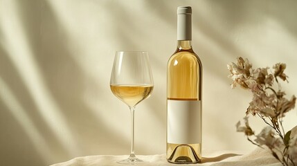 A stylish white wine bottle paired with a glass of golden liquid, exuding elegance against a soft backdrop.