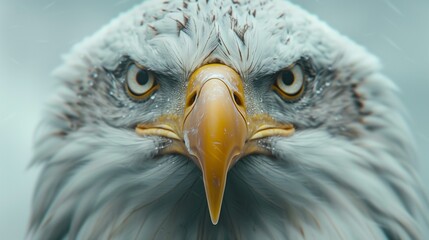 A majestic bald eagle with piercing eyes, wings slightly spread, isolated on white. The crisp details of each feather enhance the lifelike realism.