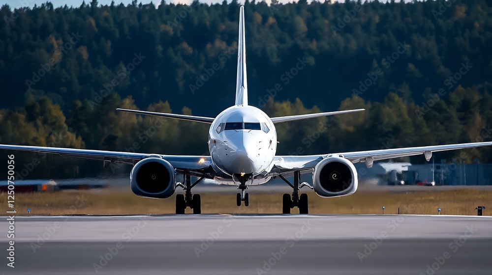 Poster commercial airplane preparing for takeoff in an airport runway setting : generative ai