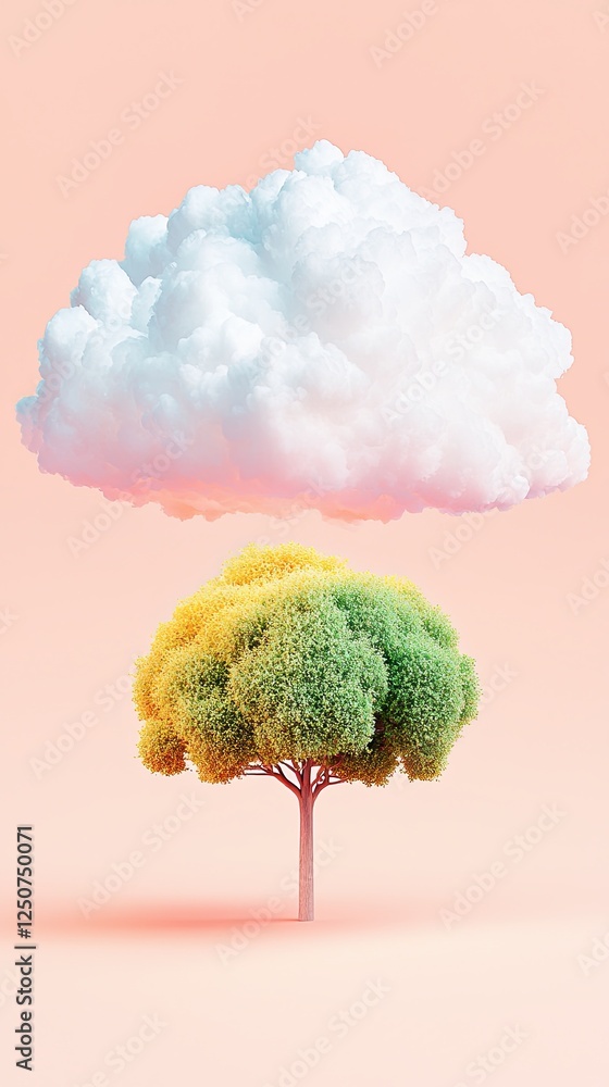 Aufkleber spray cloud subtle, beautiful tree surrounded by clouds on a soft pink background in a minimalist st