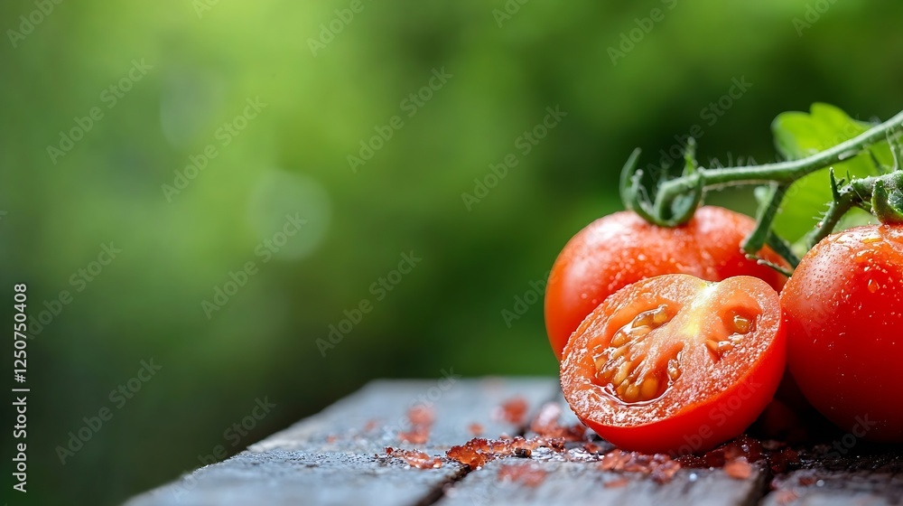Poster Freshly sliced tomatoes showcasing bright red color with a green background and wooden texture : Generative AI