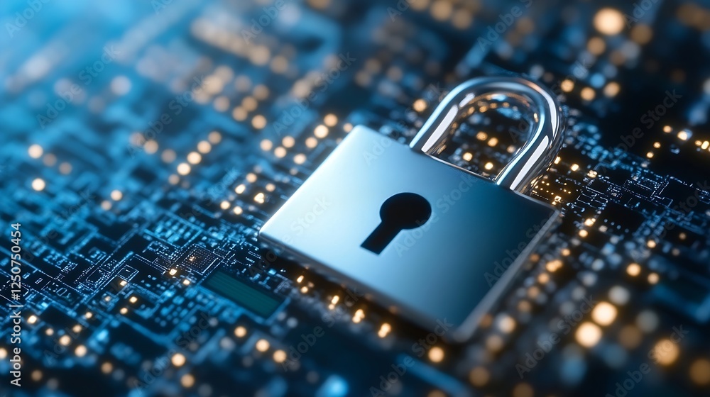 Poster Hightech metallic padlock on a digital circuit board signifying cybersecurity and data protection : Generative AI