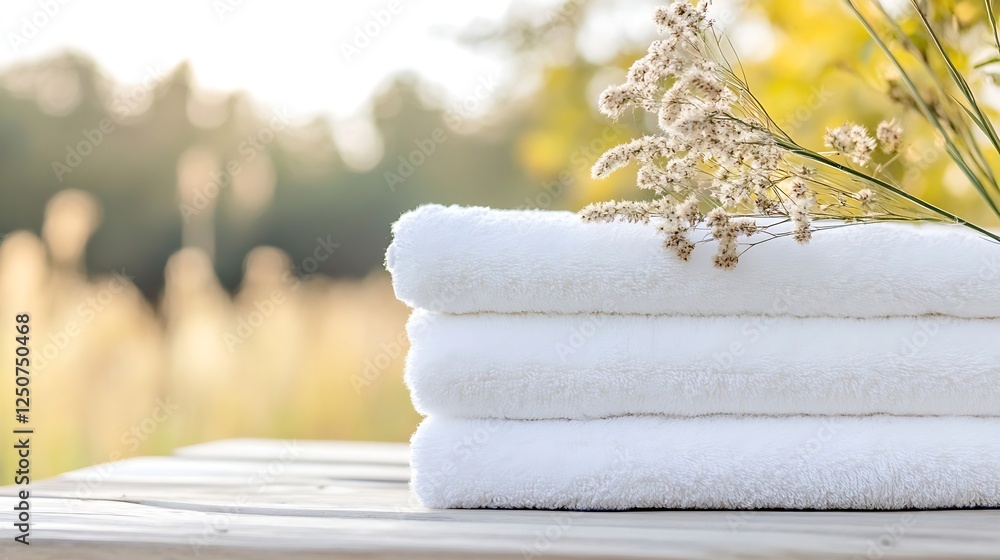 Poster soft white towels neatly stacked with delicate flowers in serene outdoor setting perfect for relaxat