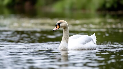 Fototapeta premium Graceful swan swimming in calm water reflecting beautiful scenery : Generative AI