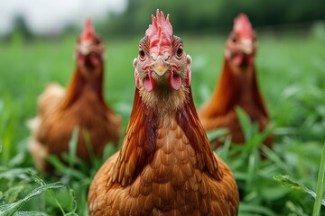 Three brown hens stare intently at the camera in lush green grass. Perfect for illustrating farm life, poultry, or springtime themes.