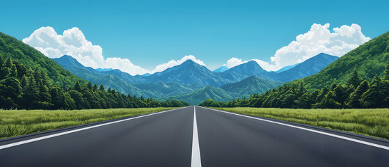 Pristine Mountain Road with Lush Green Forest and Blue Sky