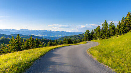Naklejka premium Scenic Mountain Road at Sunset with Lush Greenery
