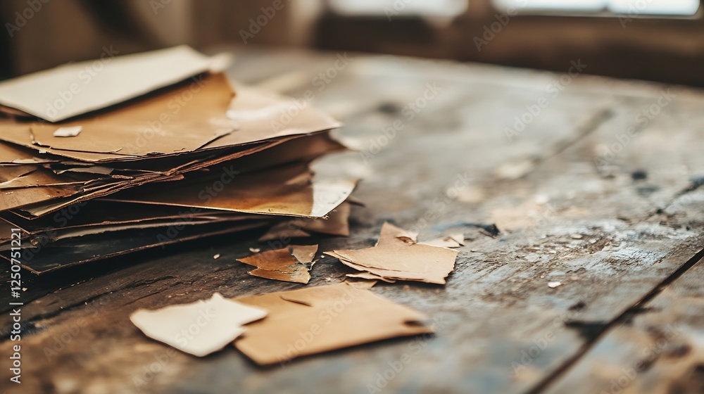 Aufkleber Stack of old and torn paper sheets lying on a wooden table surface : Generative AI