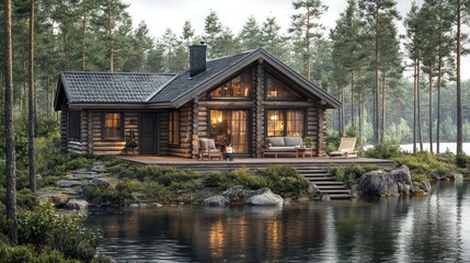 Cozy log cabin by a serene lake surrounded by lush pine trees and reflections