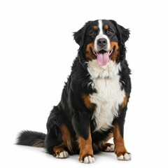 Happy Bernese mountain dog sitting on a white background and looking at the camera with its tongue out
