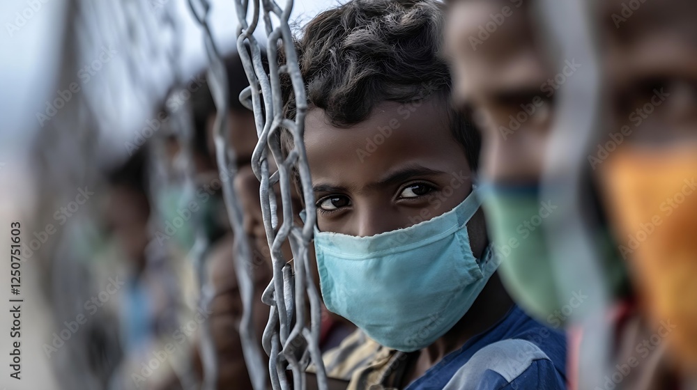 Poster A boy looks through a chainlink fence with a mask during a difficult time : Generative AI